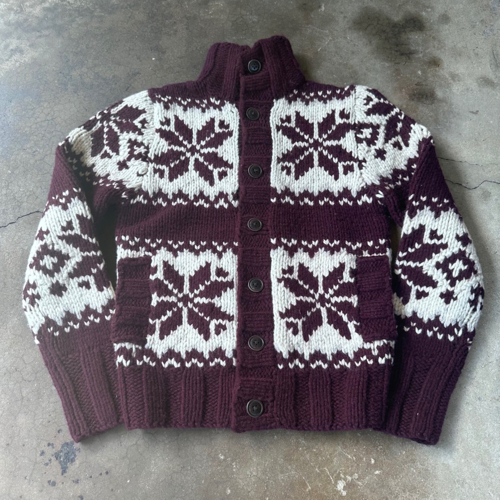 Abercrombie & Fitch Cardigan Women Medium Burgundy Excellent Snowflake Fair Isle